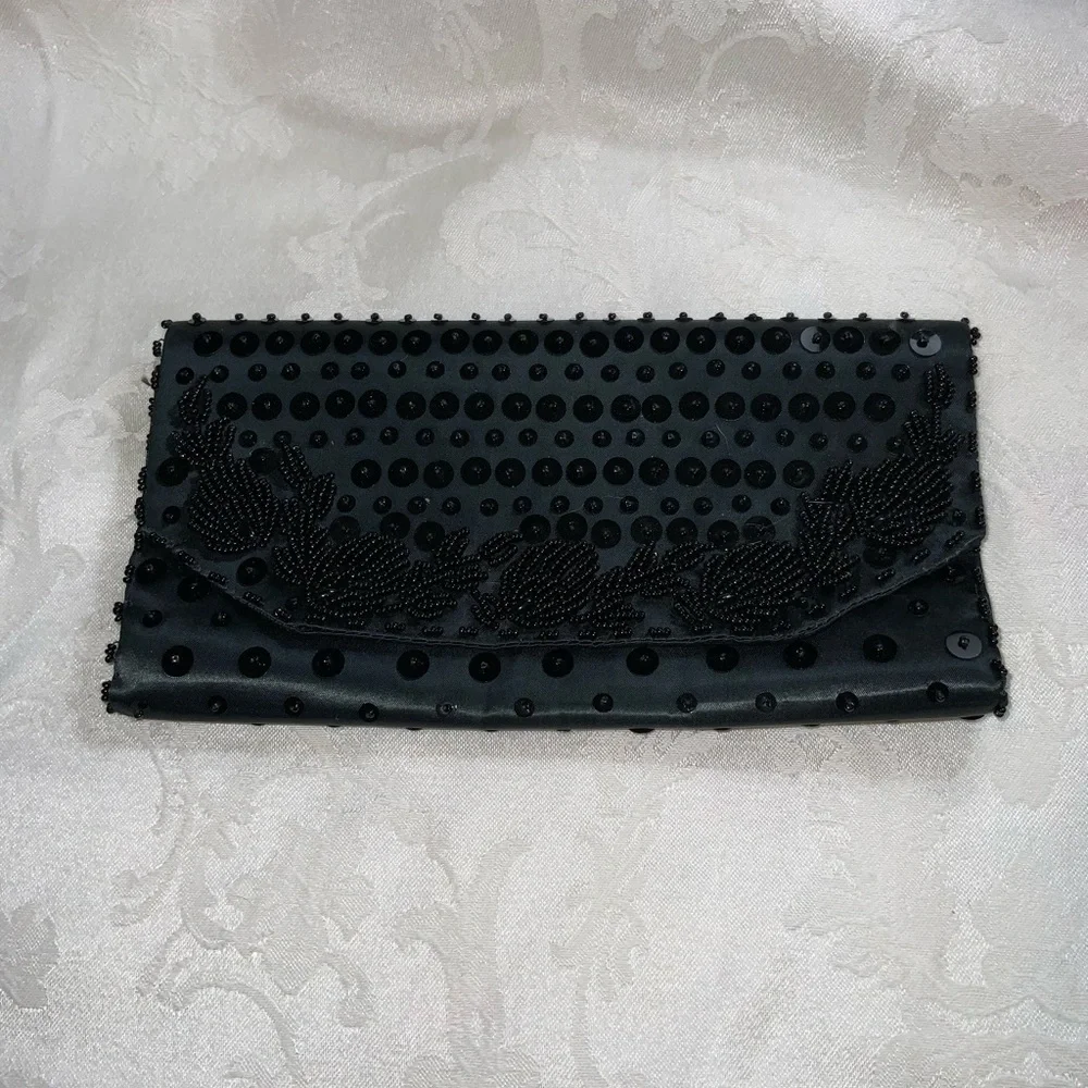 Vtg 1950’s Walborg Black Beaded Fold Over Envelope Clutch Formal Evening Event